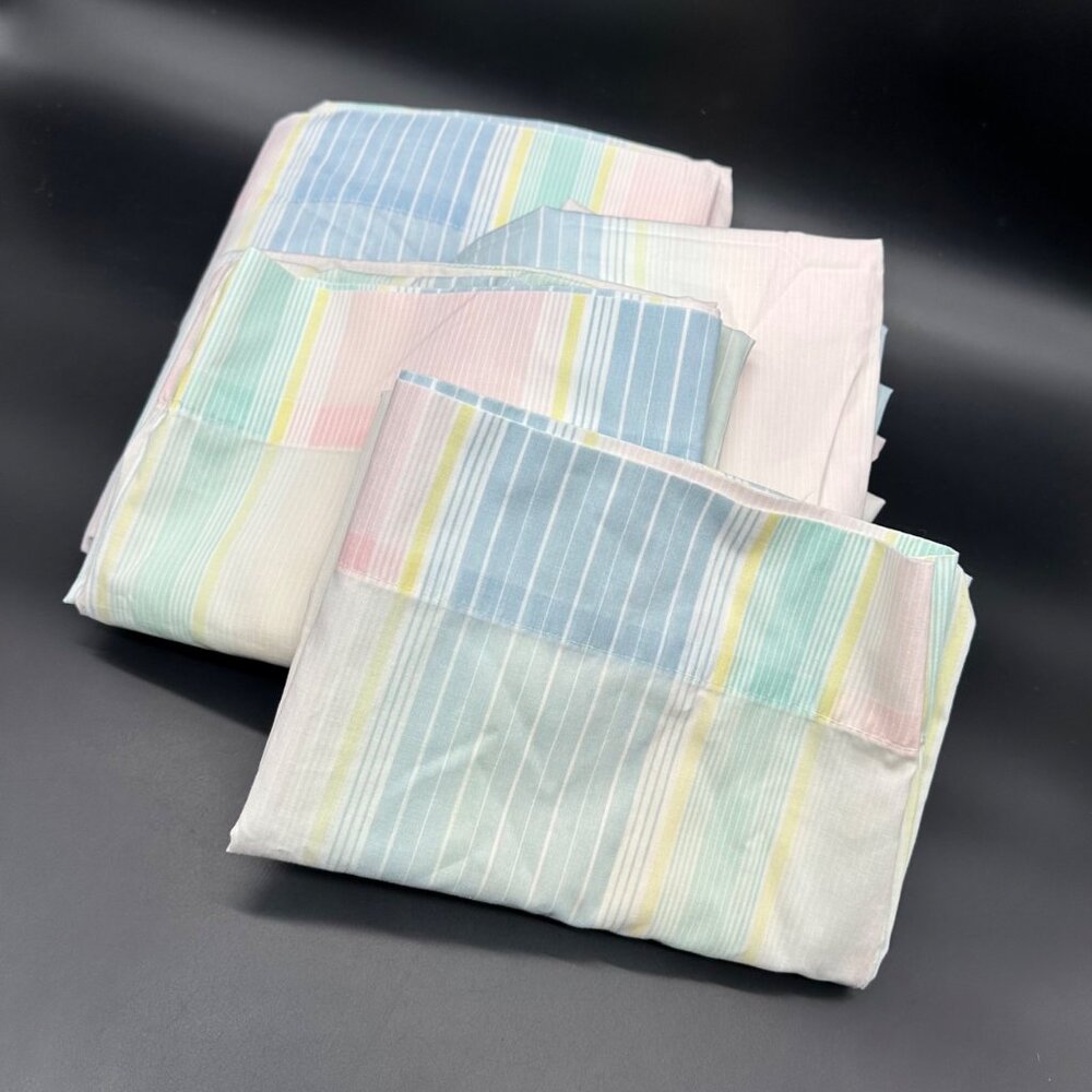 Vintage Full Size Sheet Pillowcase Set Pastel Rainbow Stripe Lady Pepperell USA